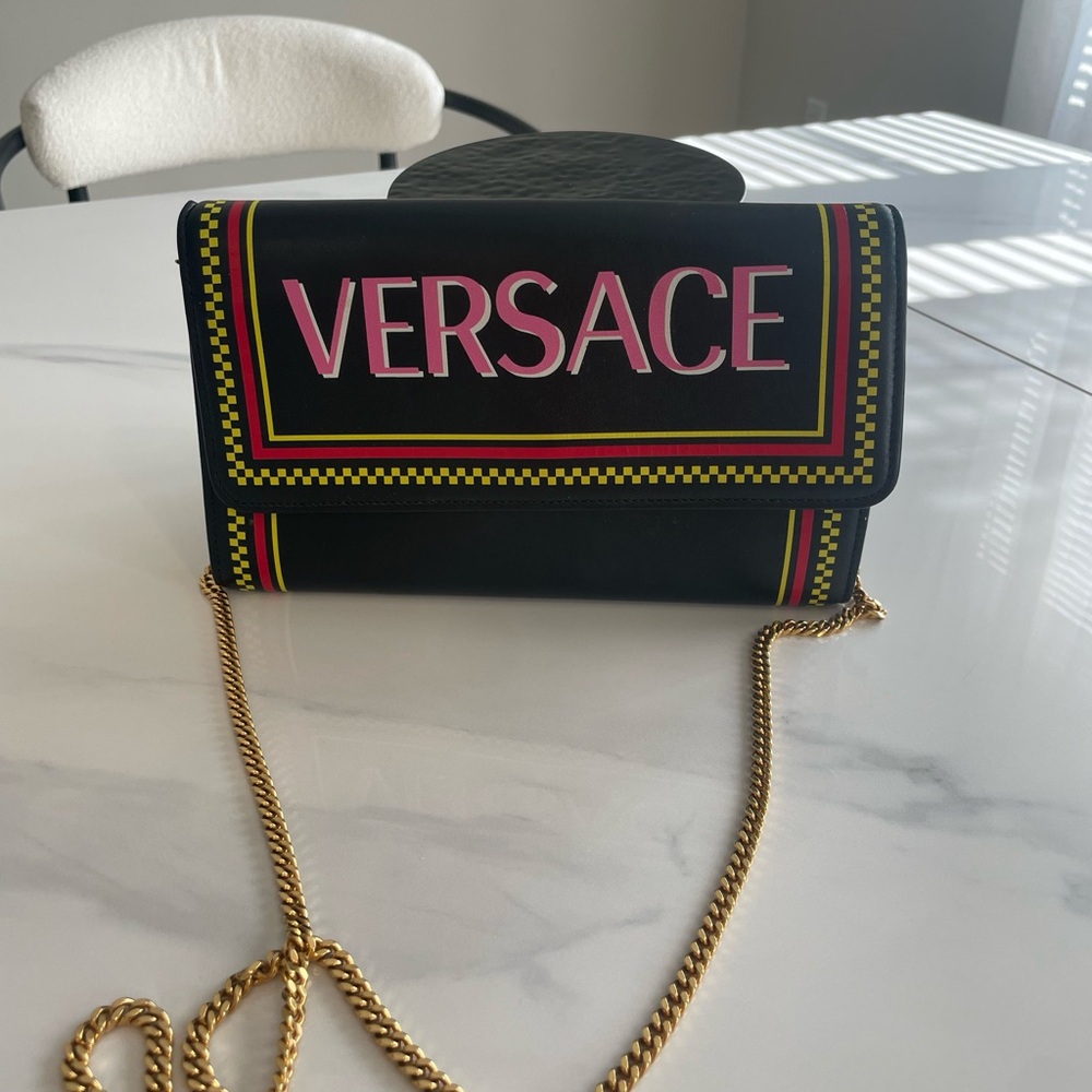 Versace Black and Pink Clutch with Gold Chain